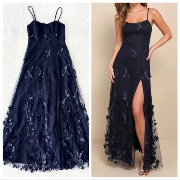 knee length dresses for ladies Alvana Floral Appliqué Maxi Dress Navy | Wedding Guest Dress